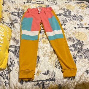 mustard brown,pink,teal & white zip up hoodie and sweatpants set